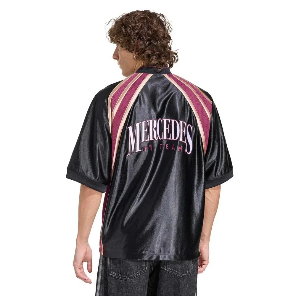 Adidas Mercedes F1 Team Mens Medium Black Satin Full Zip Short Sleeve Jacket New